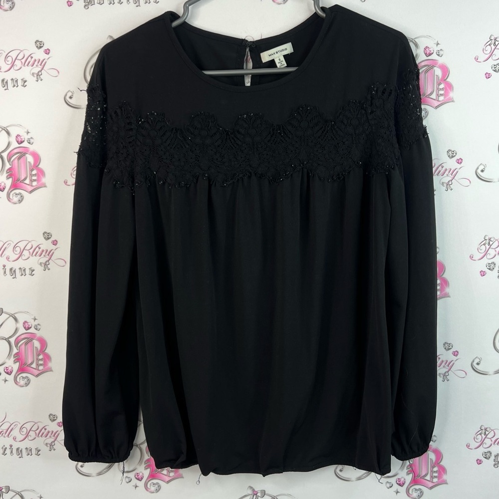 Max studio long sleeve bubble sleeve floral lace Elegant Black Women's Top